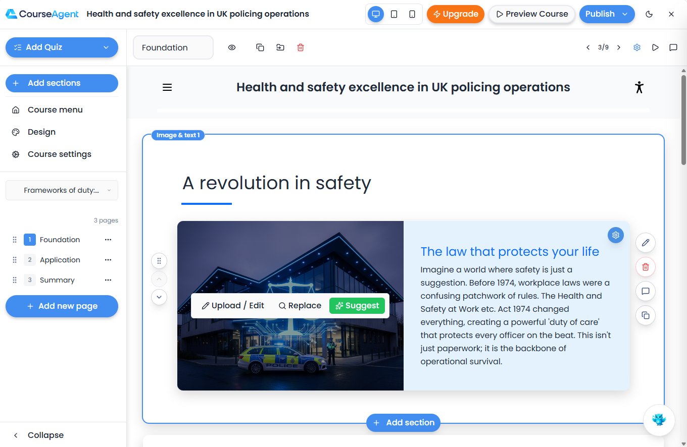 CourseAgent course editor - drag-and-drop section editing
